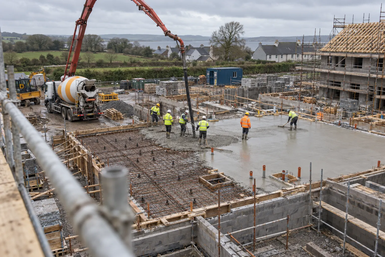 A view along a scaffold over a concrete pour on a busy site