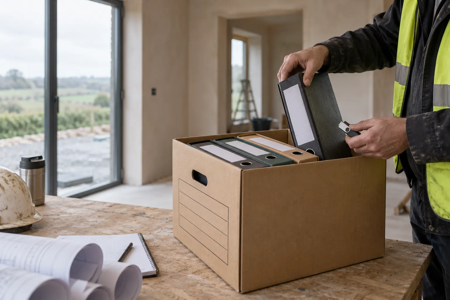 A safety file and USB drive being placed into an archive box