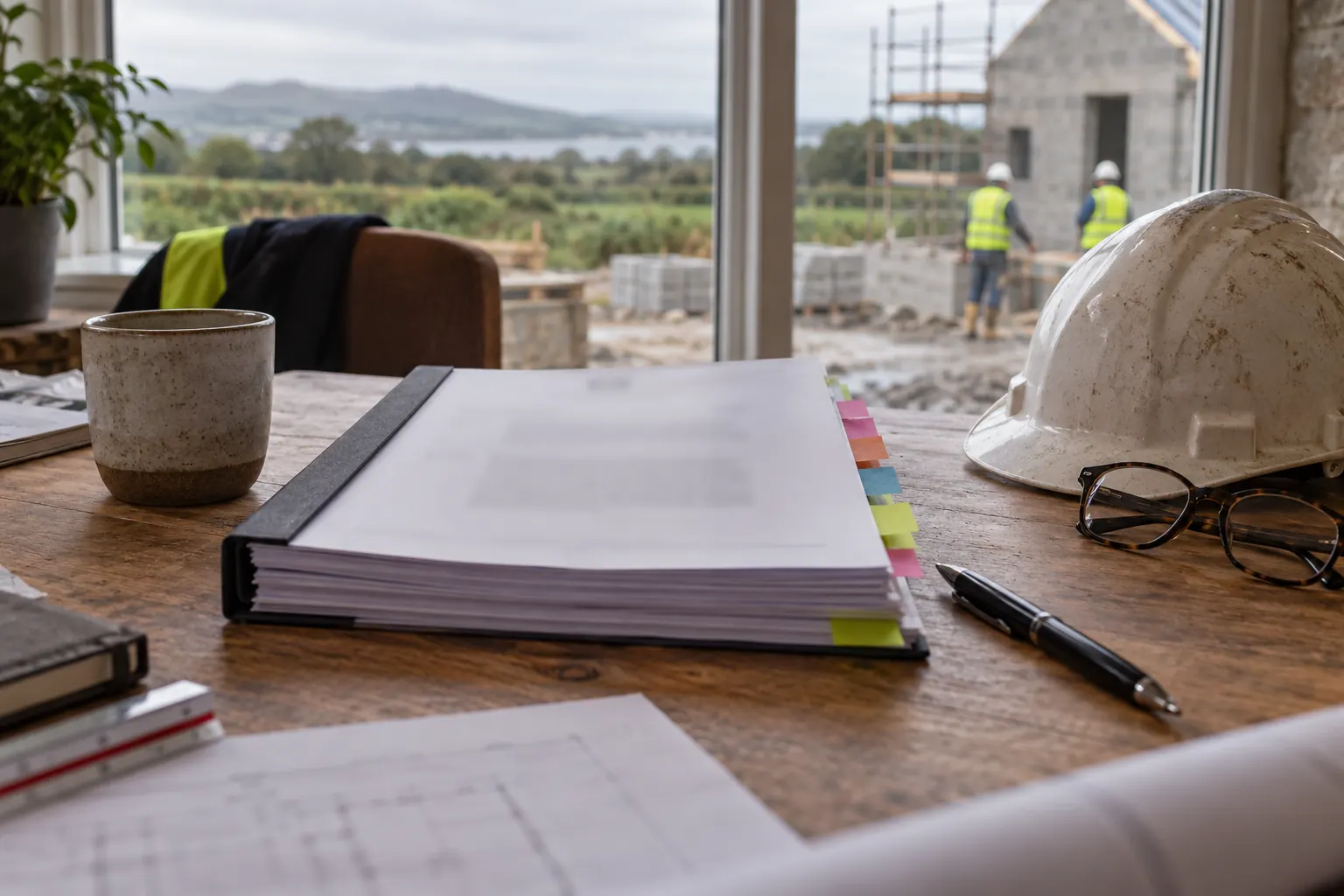 Bound contract documents with tabs on a desk beside a hard hat