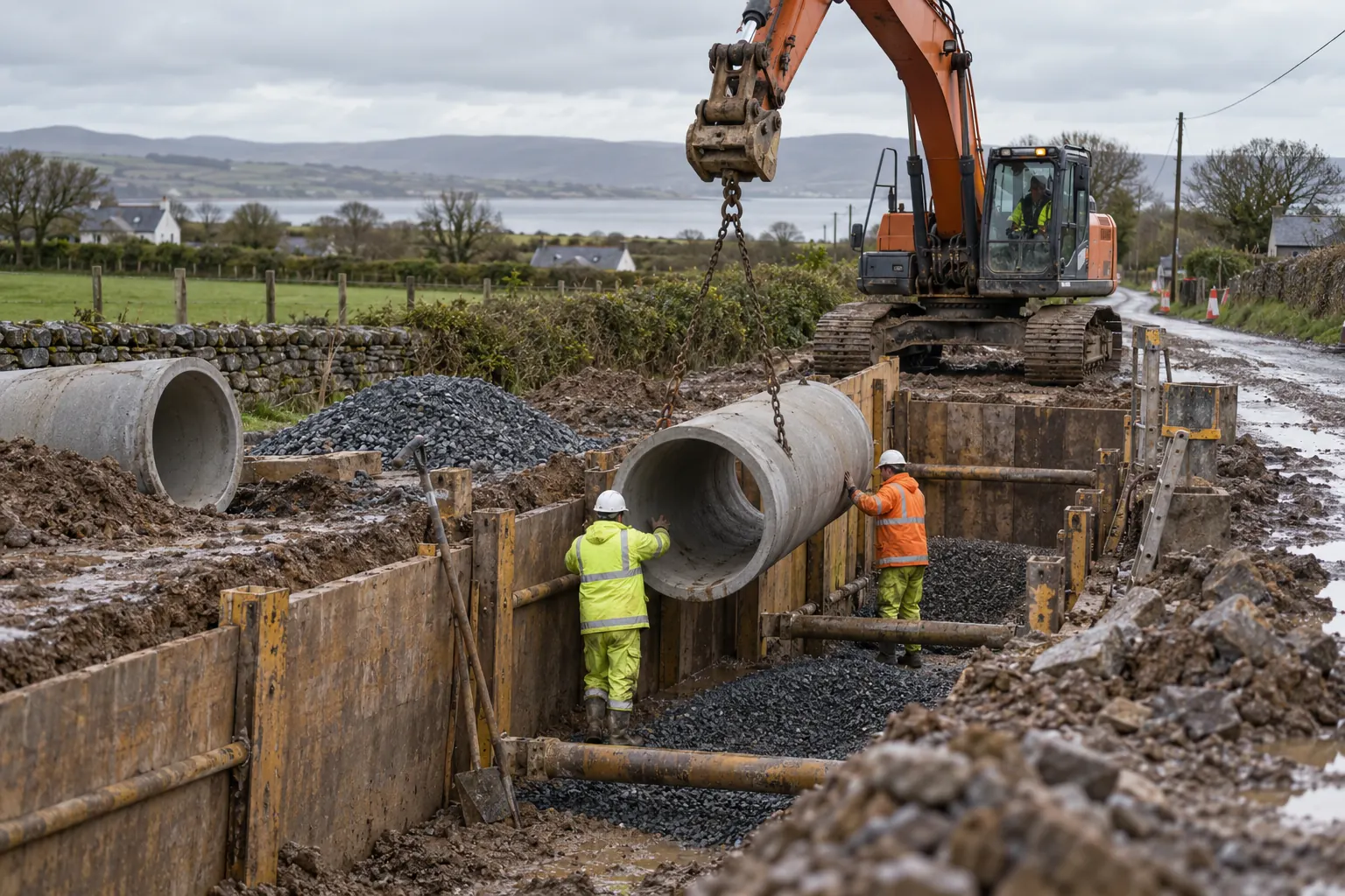 A drainage crew laying a concrete pipe in an open trench
