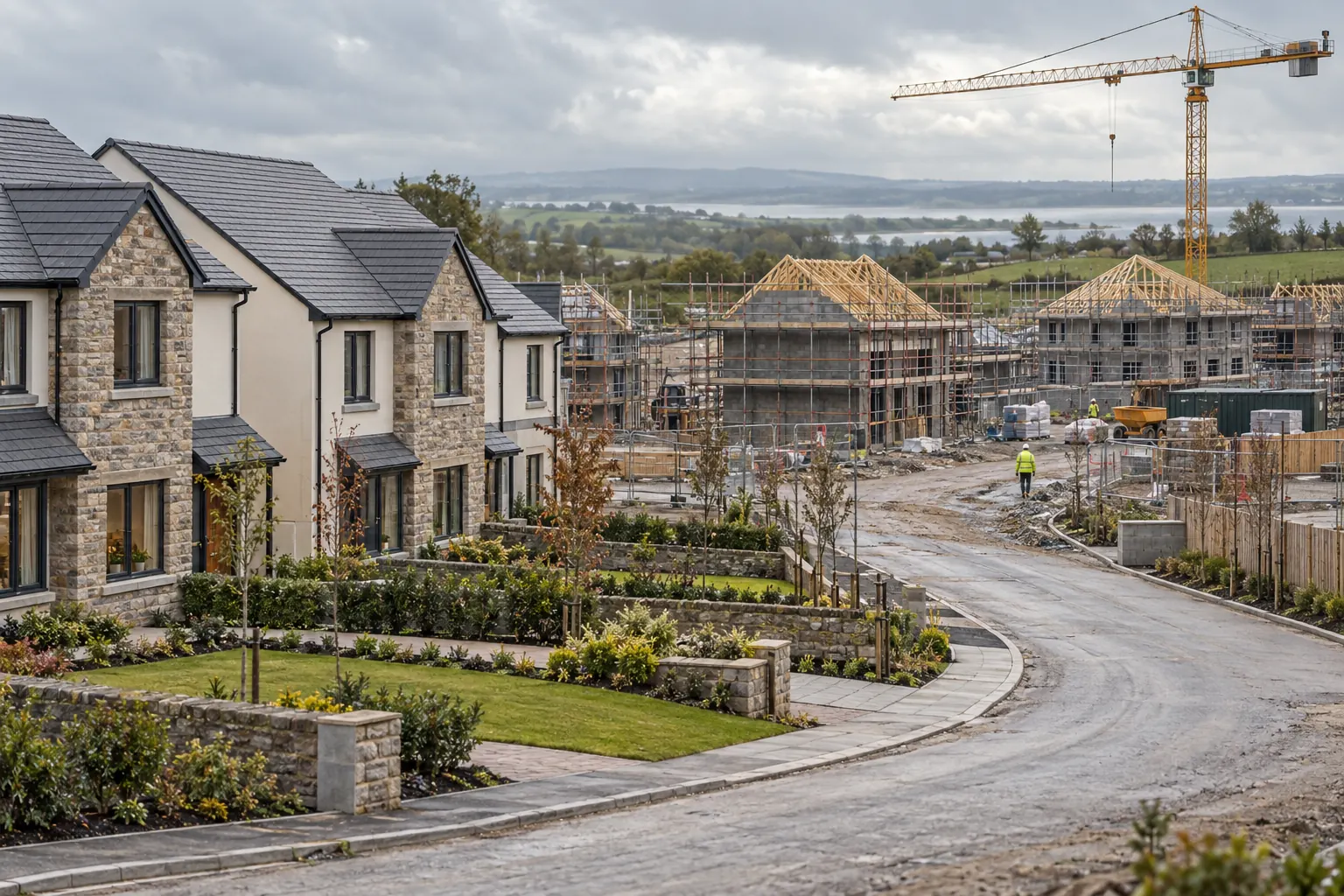 A residential development under construction with finished homes in the foreground