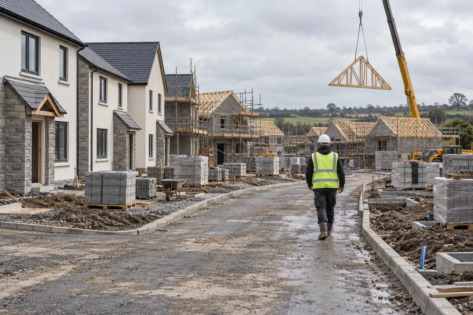 A street of new homes under construction on an Irish housing development