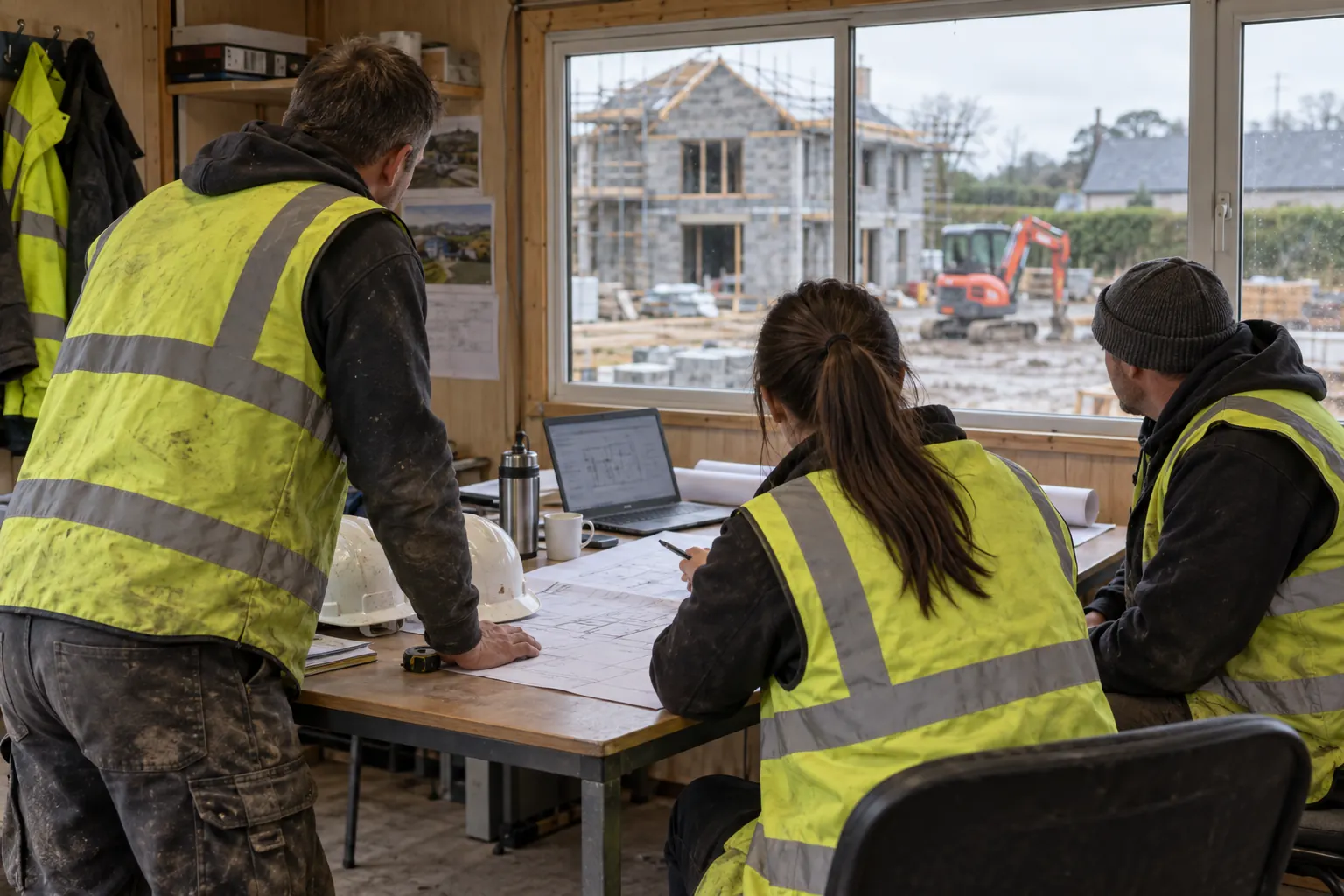 A small contractor's team planning the week around a site cabin table