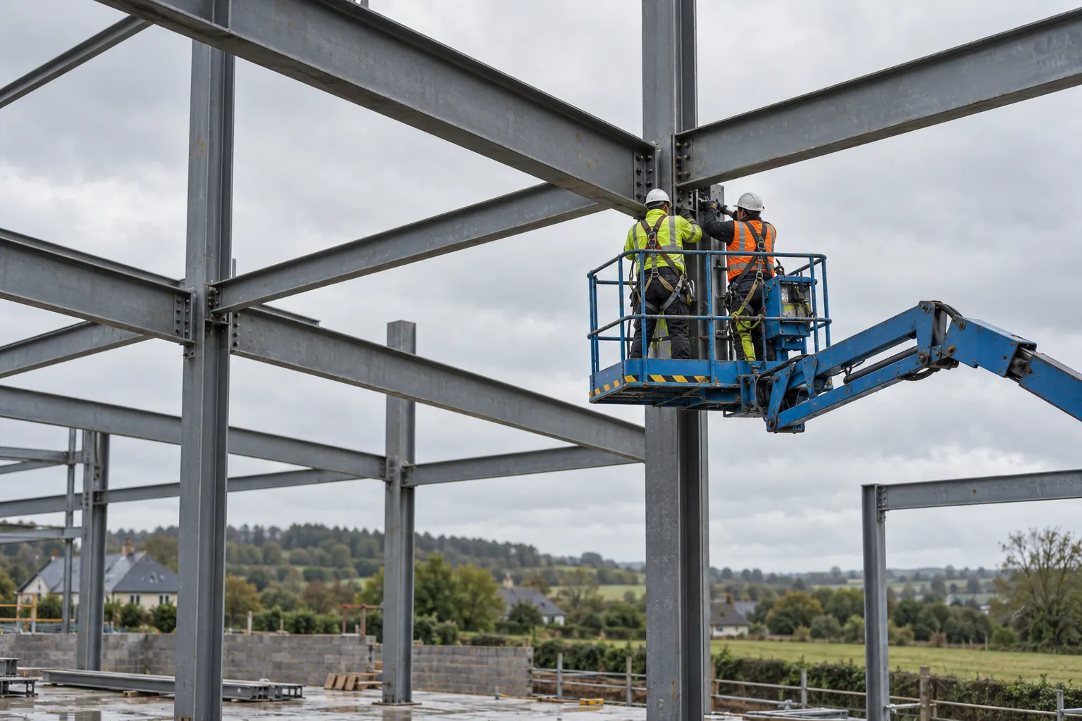 Steel erectors bolting a structural steel frame from a mobile platform