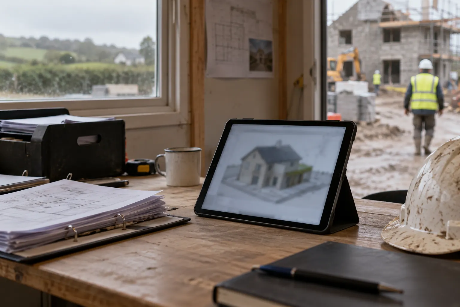 A tablet showing a 3D building model next to printed drawings in a site office