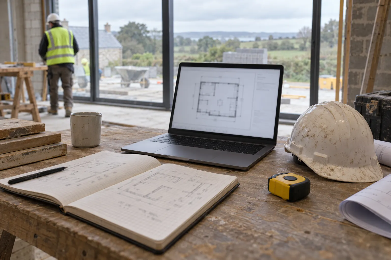 A survey sketch in a notebook next to a laptop showing a clean line drawing