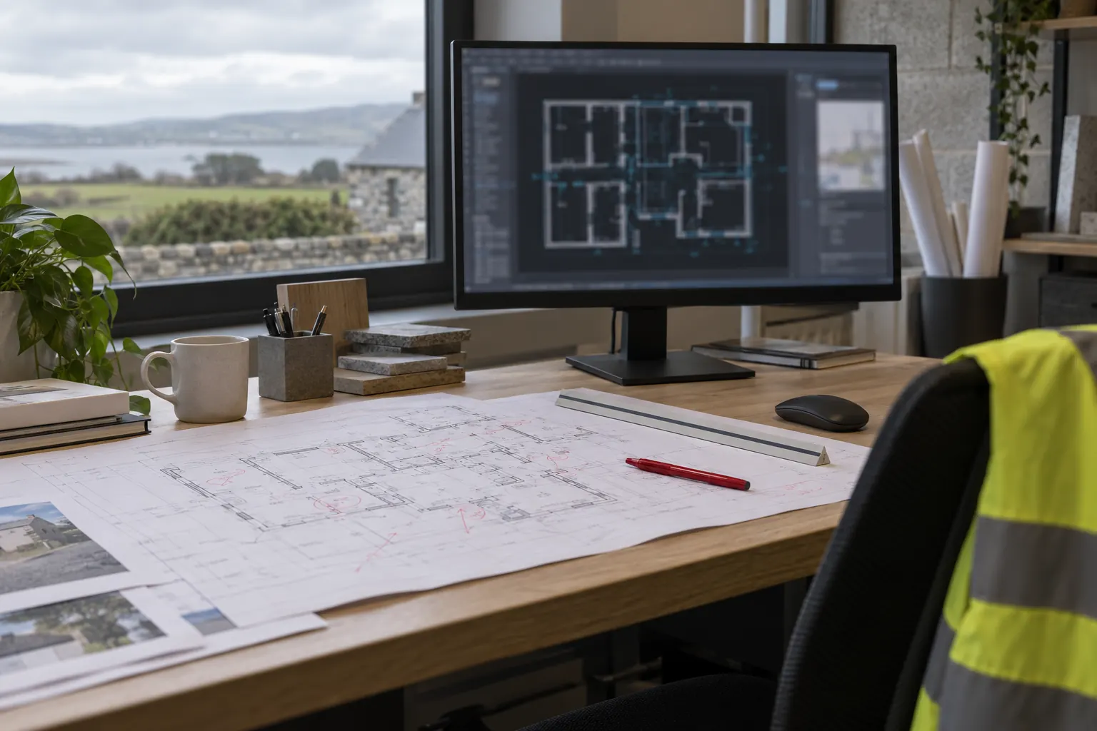 A CAD workstation showing a 2D floor plan beside a marked-up printed drawing