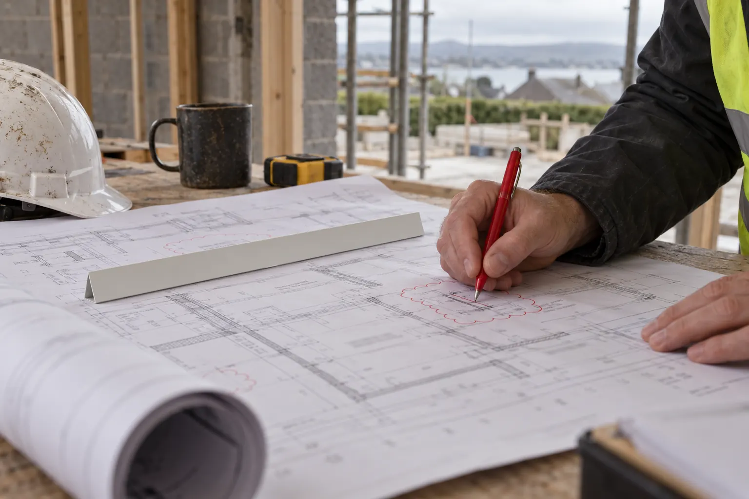 A hand marking up a printed construction drawing with a red pen