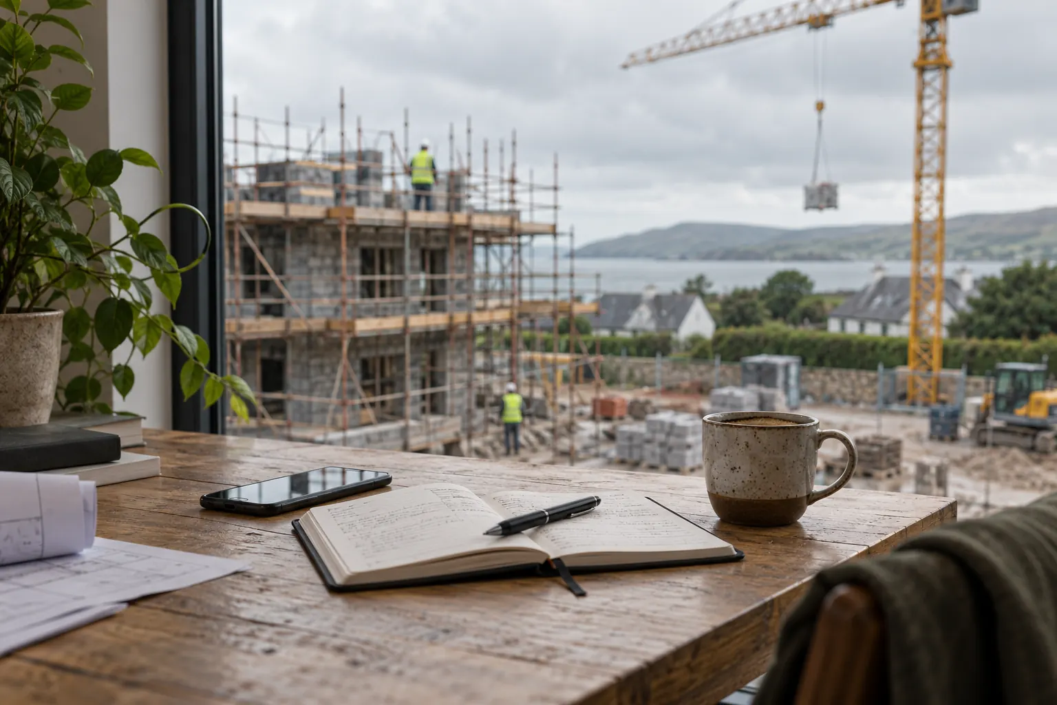 A phone and notebook on a desk beside a window looking onto a site