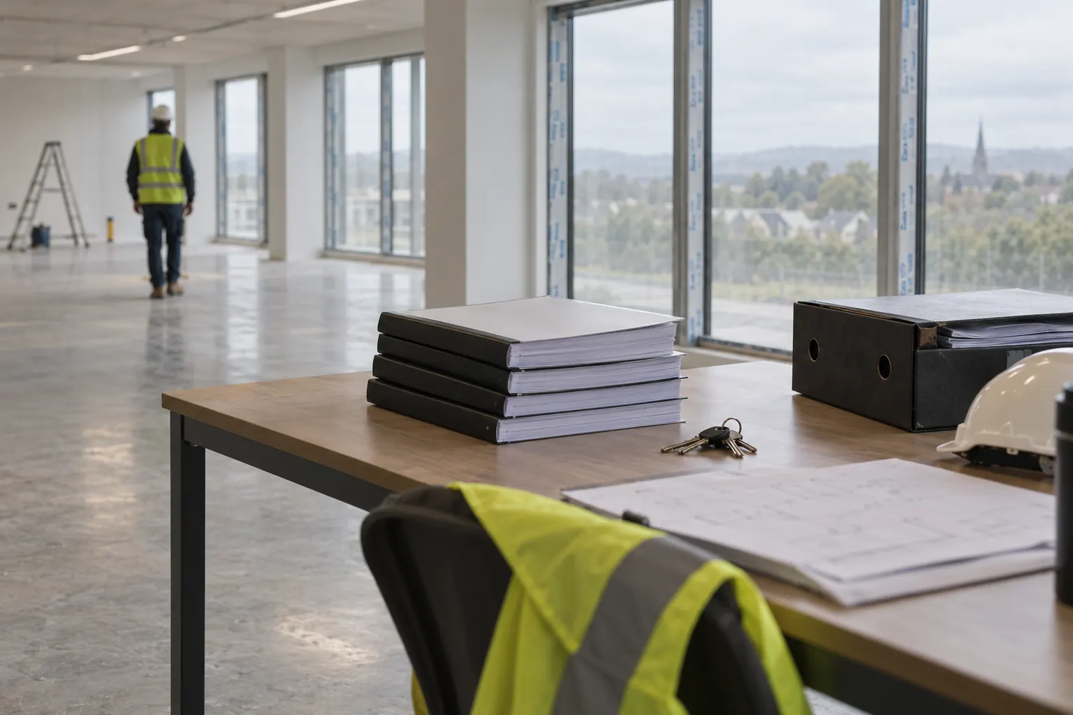 Bound handover manuals and box files on a table in a newly completed building