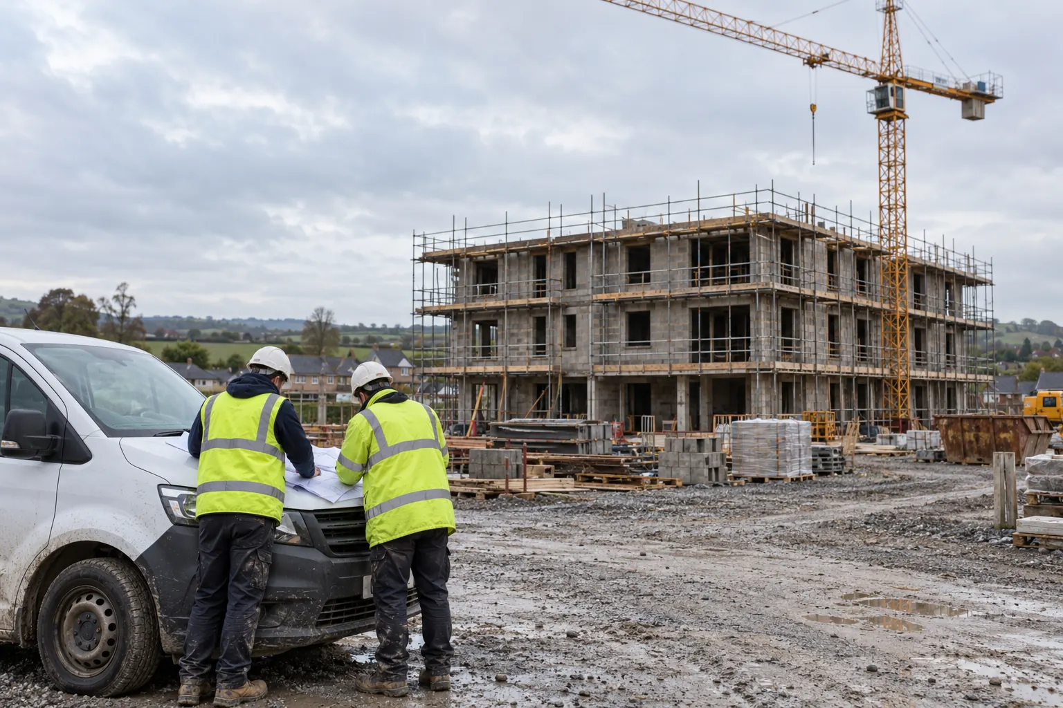 Two site staff reviewing a drawing on the bonnet of a van beside a building under construction