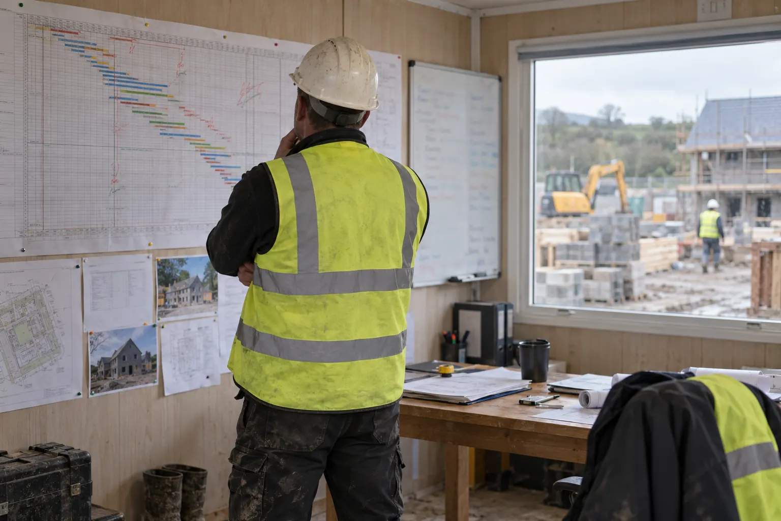 A site manager studying a construction programme pinned to a cabin wall