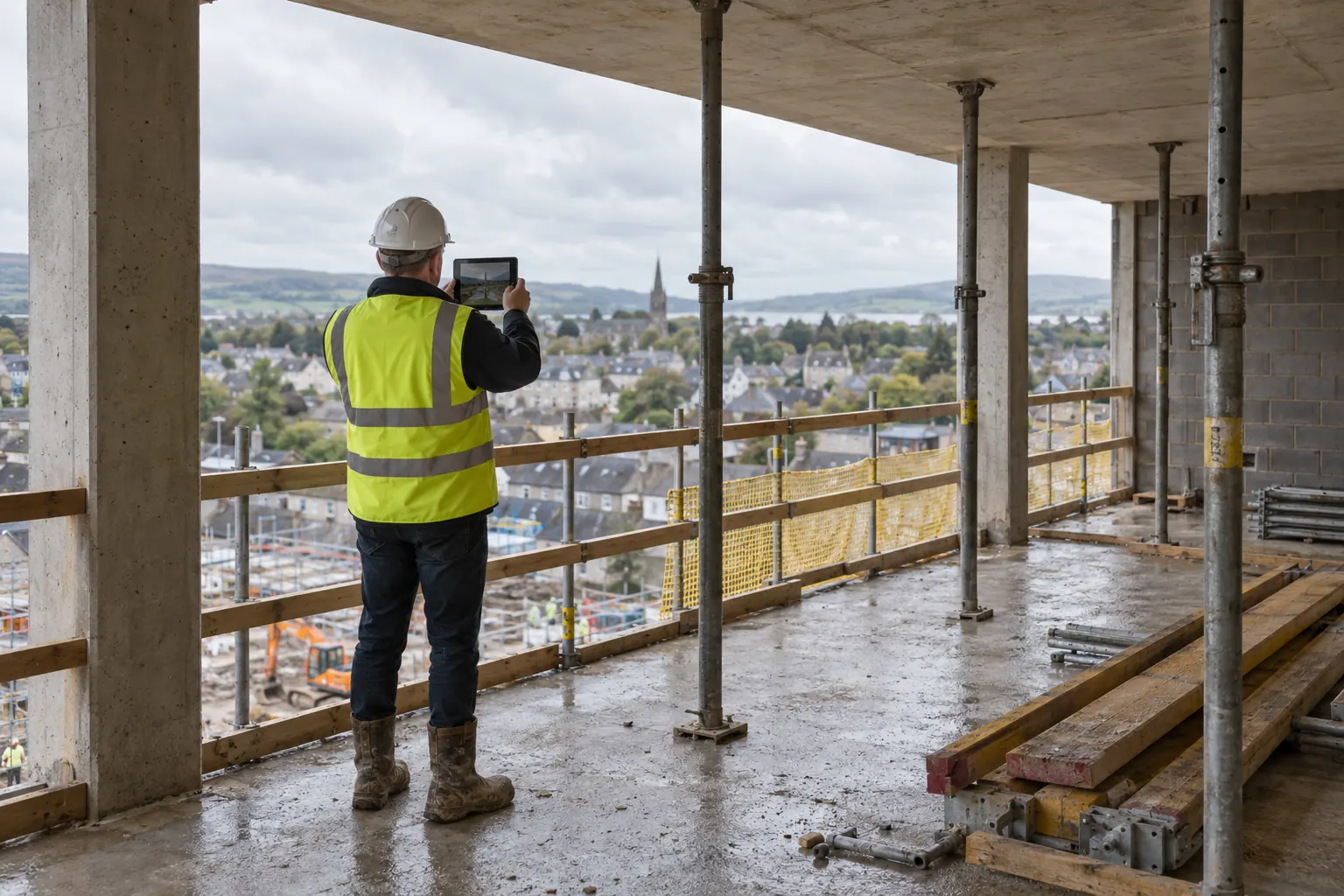A project manager photographing progress on an upper floor of a concrete frame