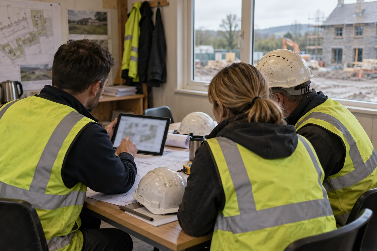 A trainer showing a tablet to two site staff in a cabin