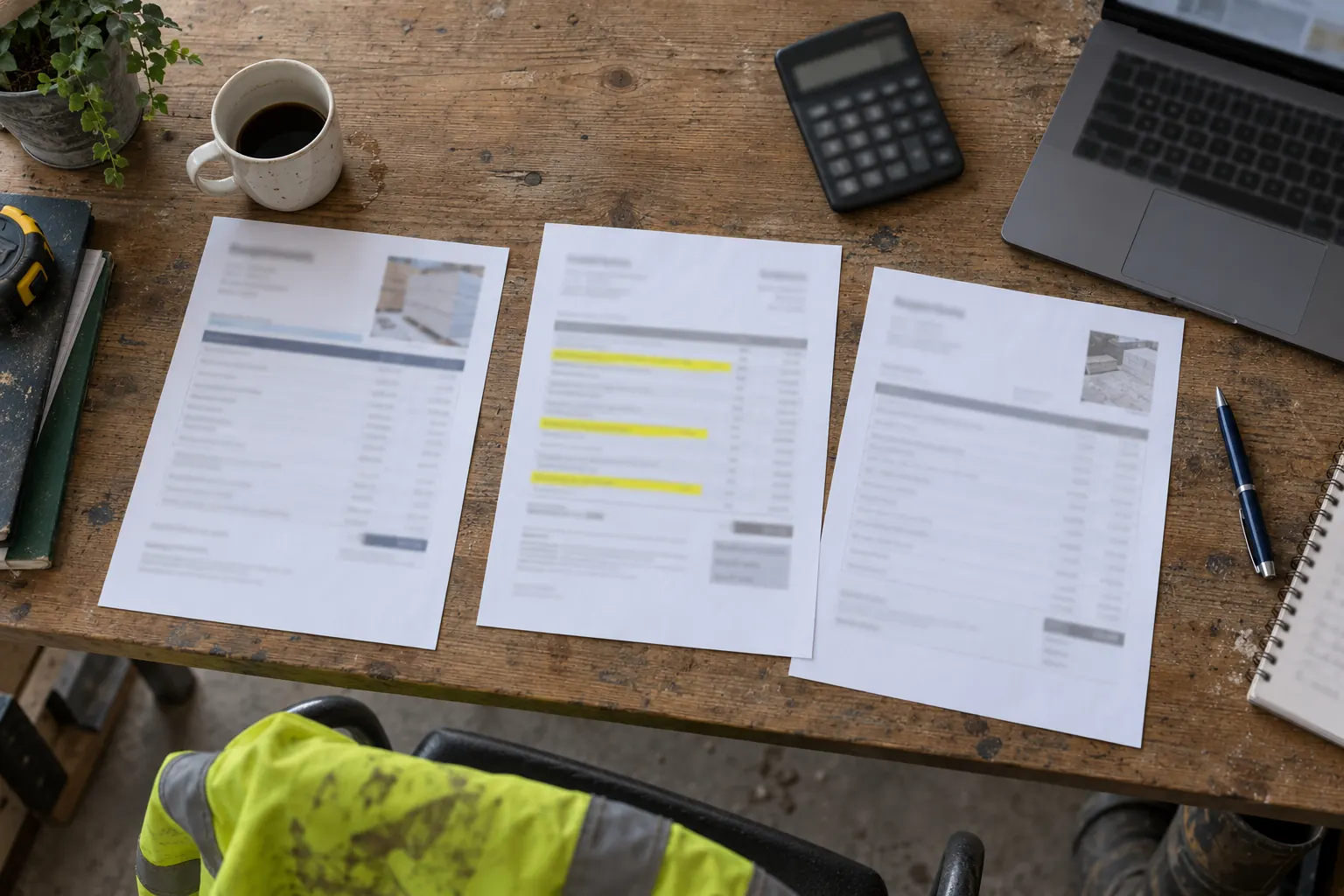 Supplier quotations laid side by side on a desk for comparison