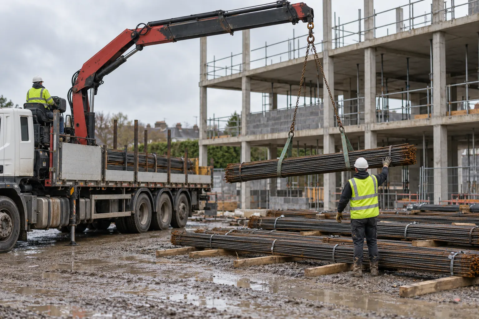 A lorry-mounted crane unloading reinforcement steel on site