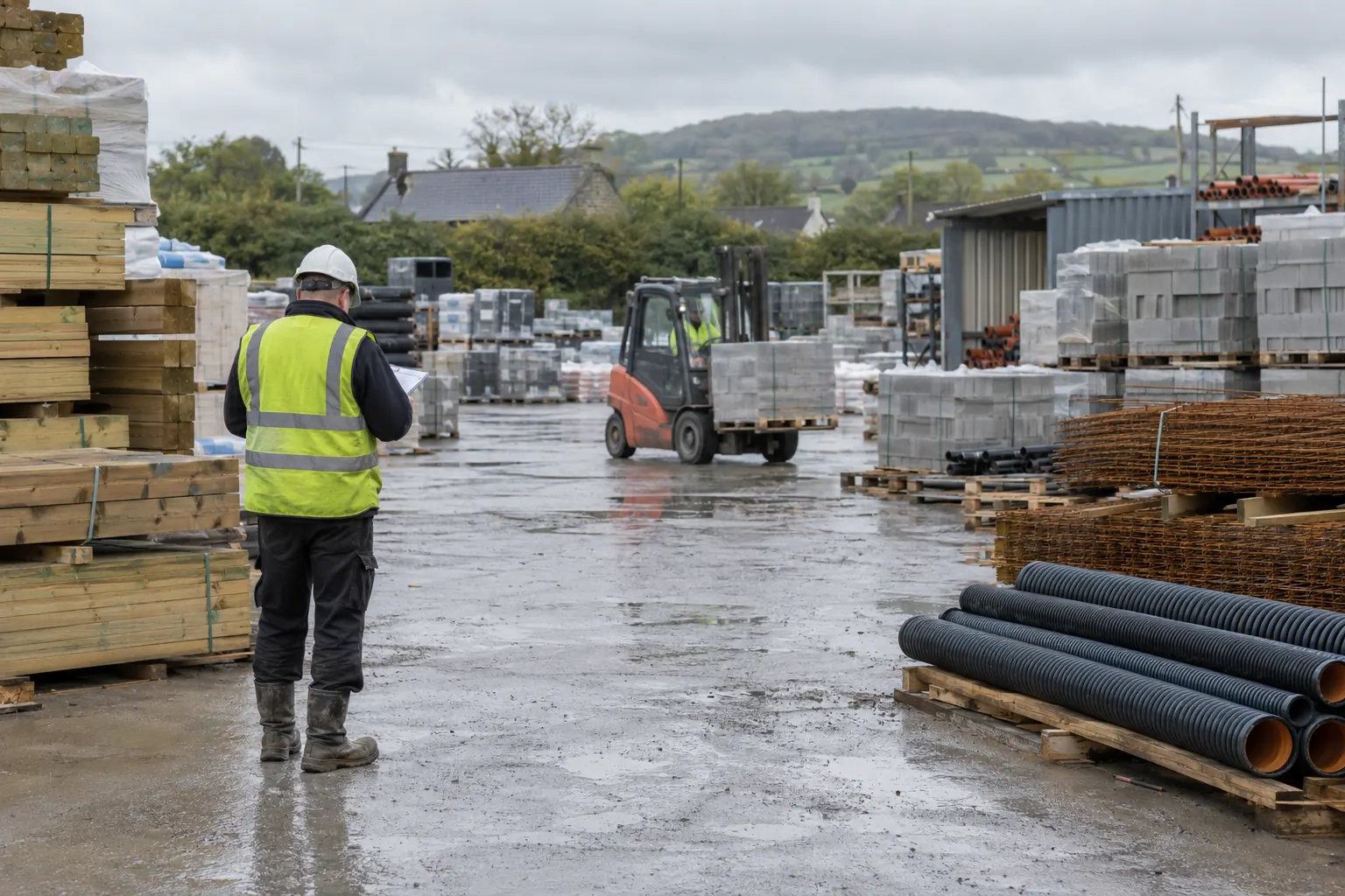 Building materials stacked in a merchant's yard ready for collection