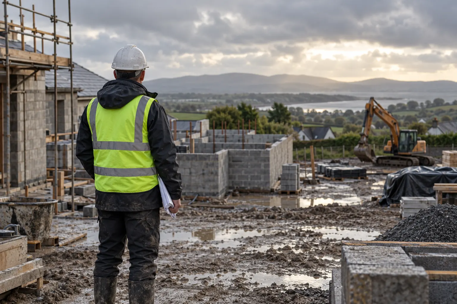 A site manager reviewing a programme on a wet, partly completed site