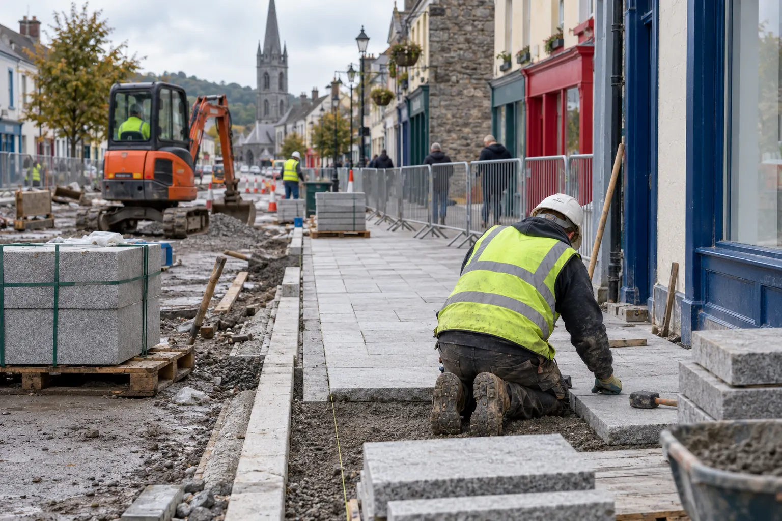 Public realm works with new paving being laid in an Irish town street