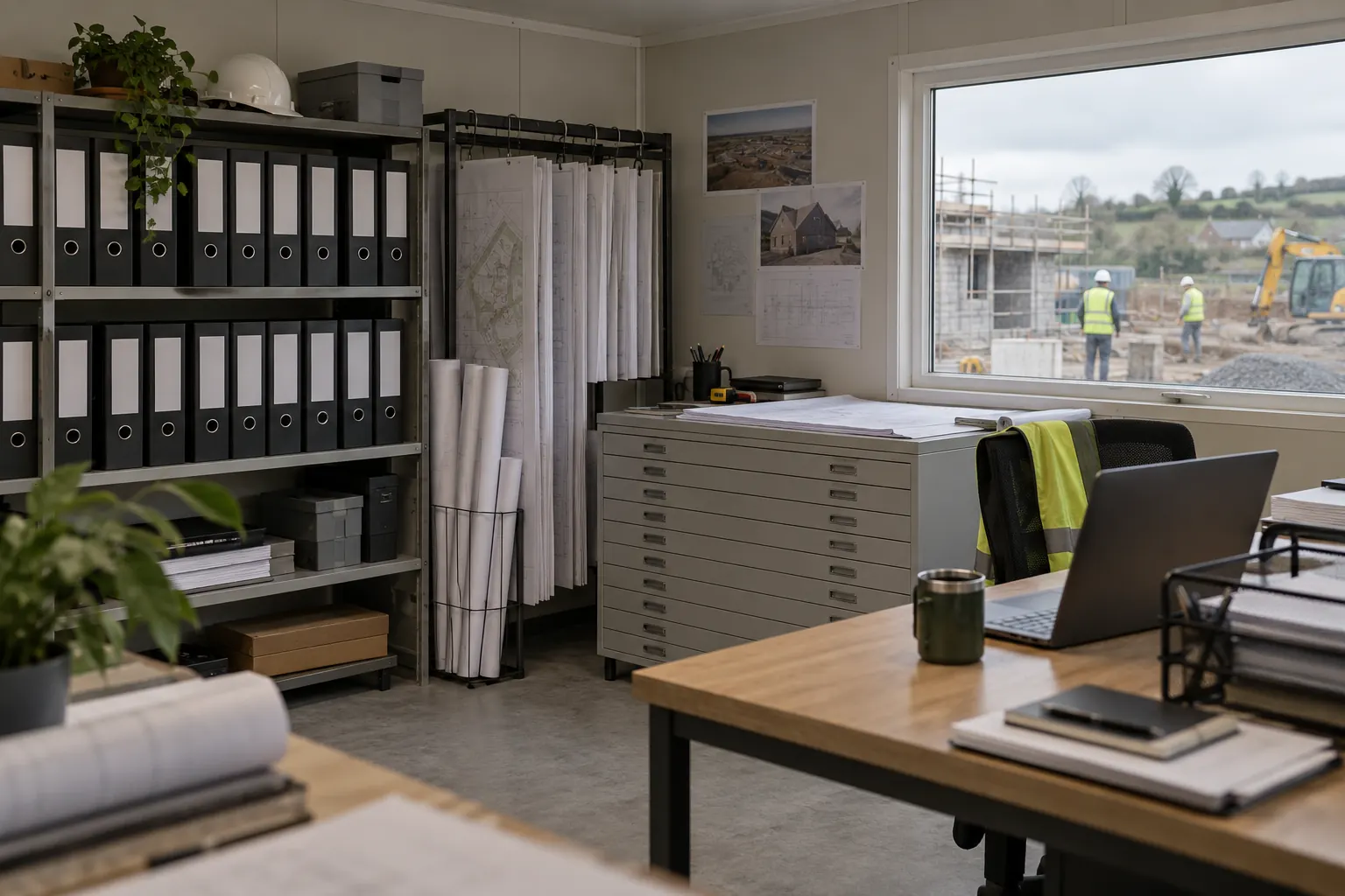 An organised site office with files, a drawing rack and a plan chest