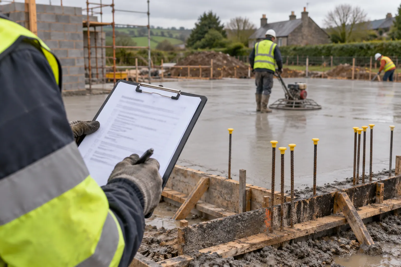A clipboard inspection checklist held beside a freshly poured concrete slab