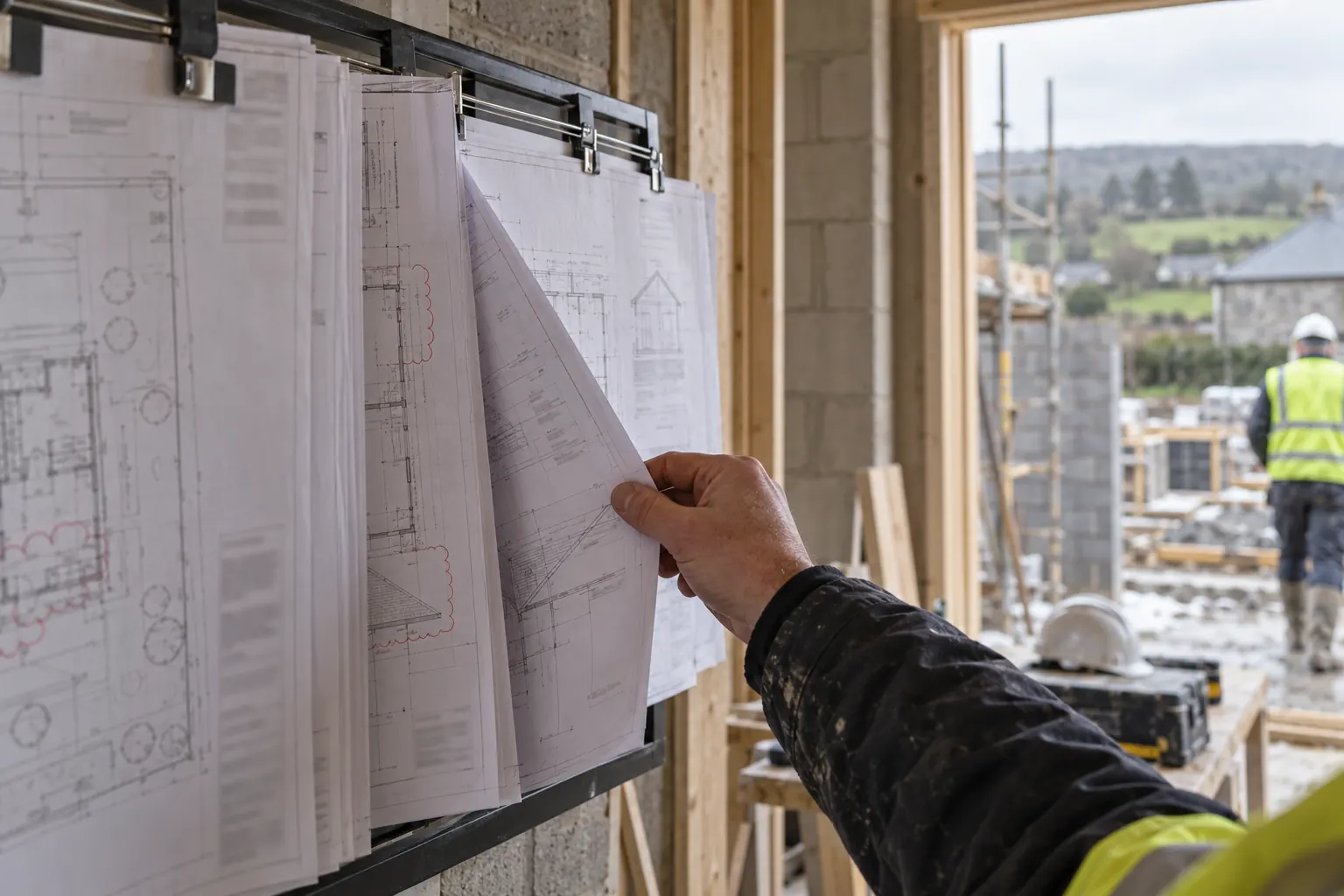 Construction drawings hanging in a drawing rack in a site office