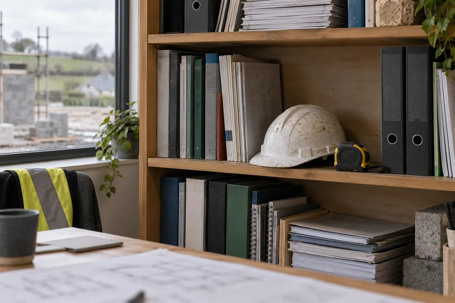 Reference books and binders on an office shelf in a contractor's office