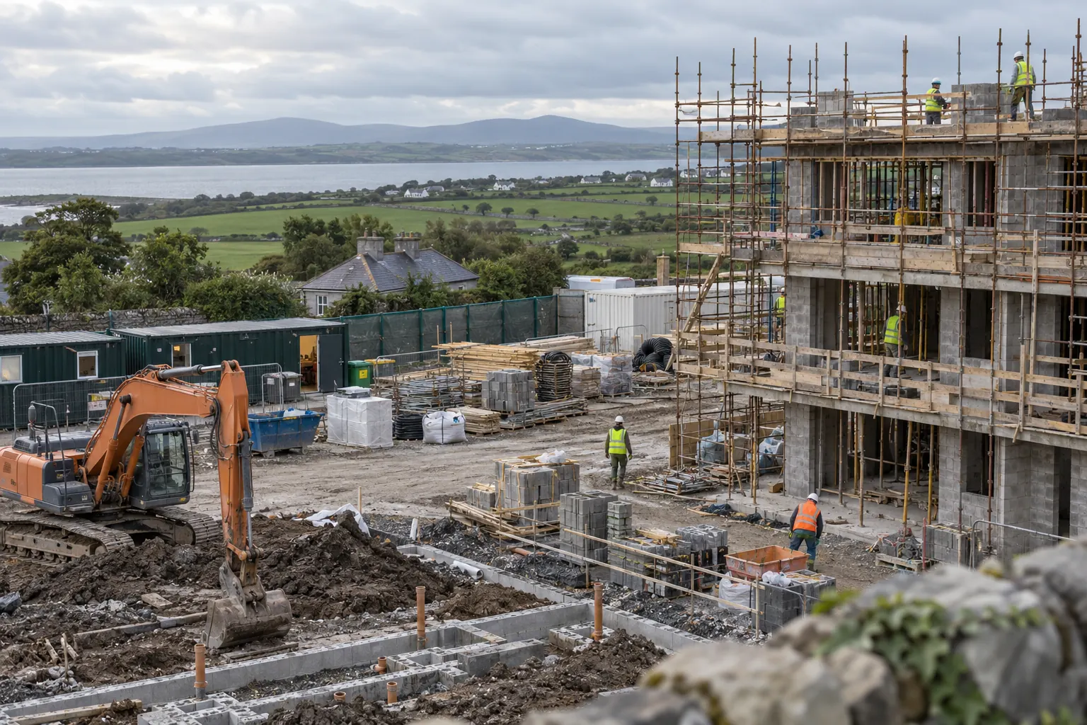 A mixed construction site with a concrete frame, scaffold and groundworks