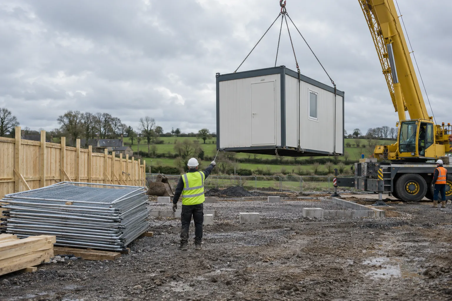 A site being set up with hoarding and welfare cabins craned into place