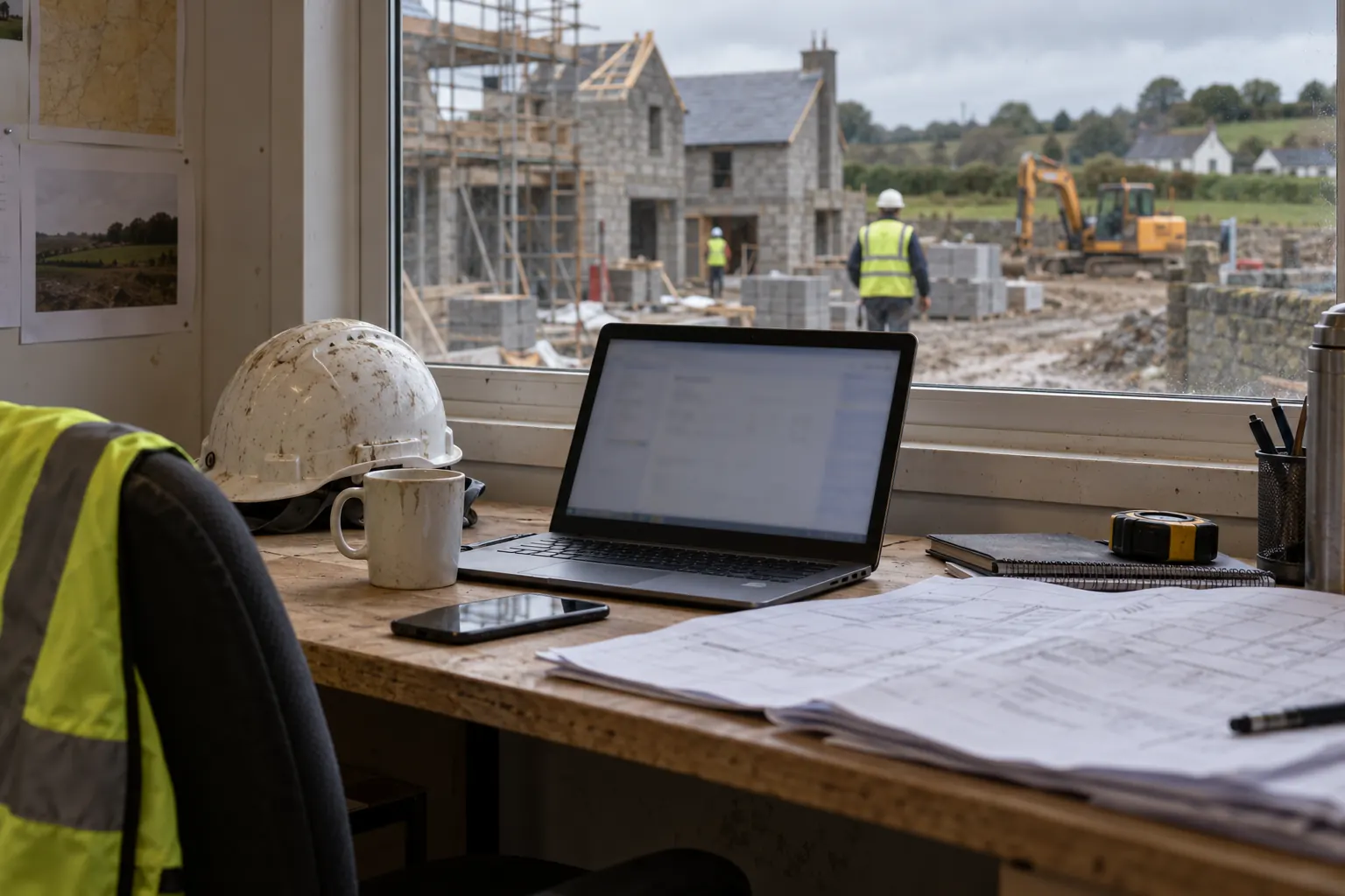 A laptop and phone on a site cabin desk with a hard hat and drawings