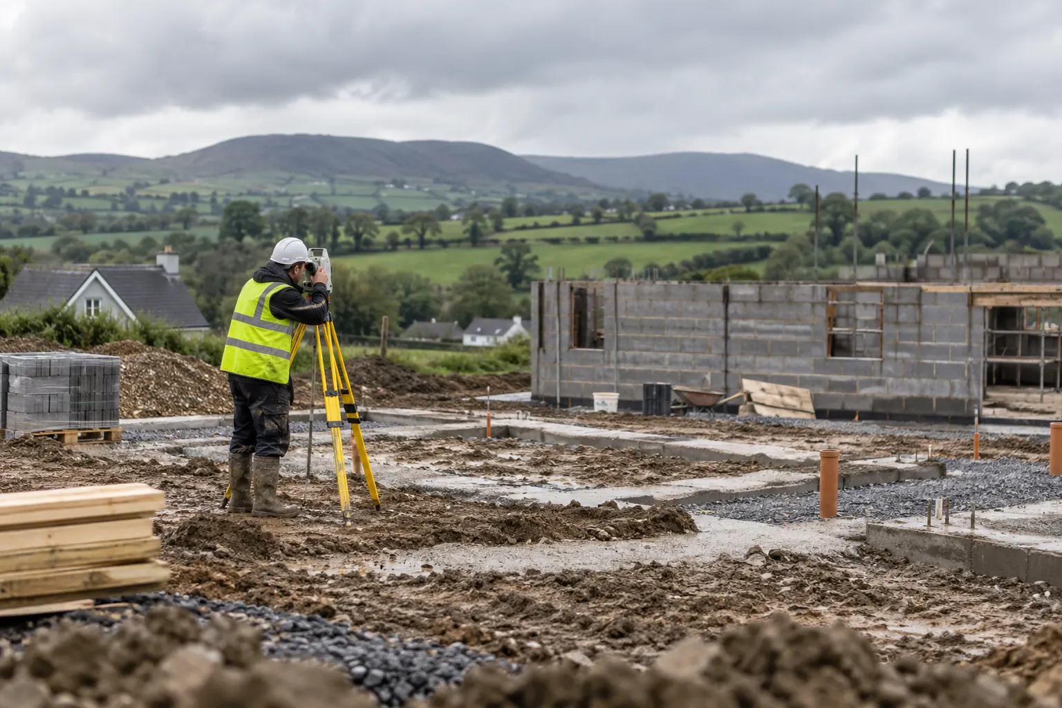 A site engineer using a total station on a tripod on an Irish site