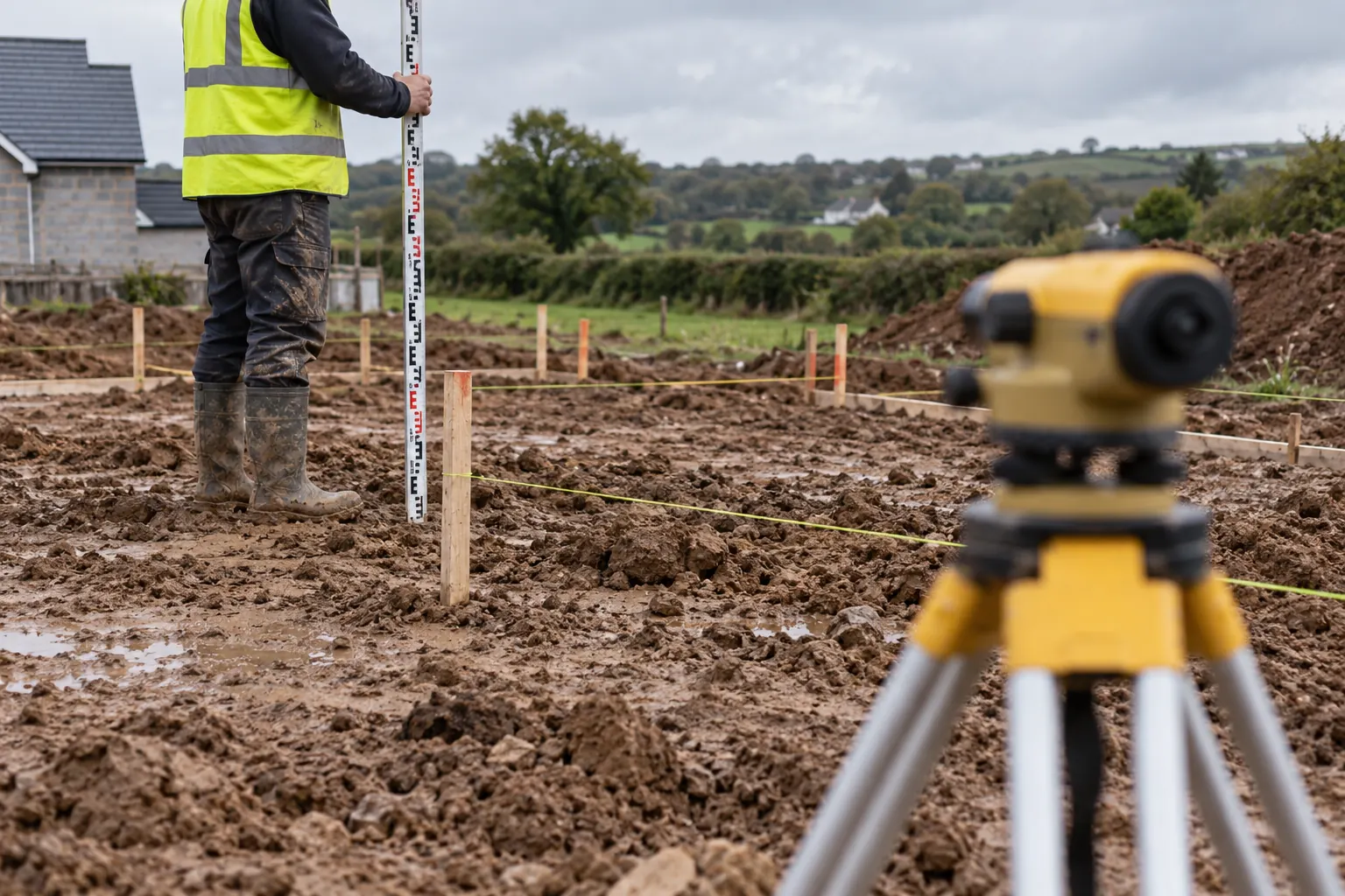 A levelling staff and survey pegs on a groundworks site