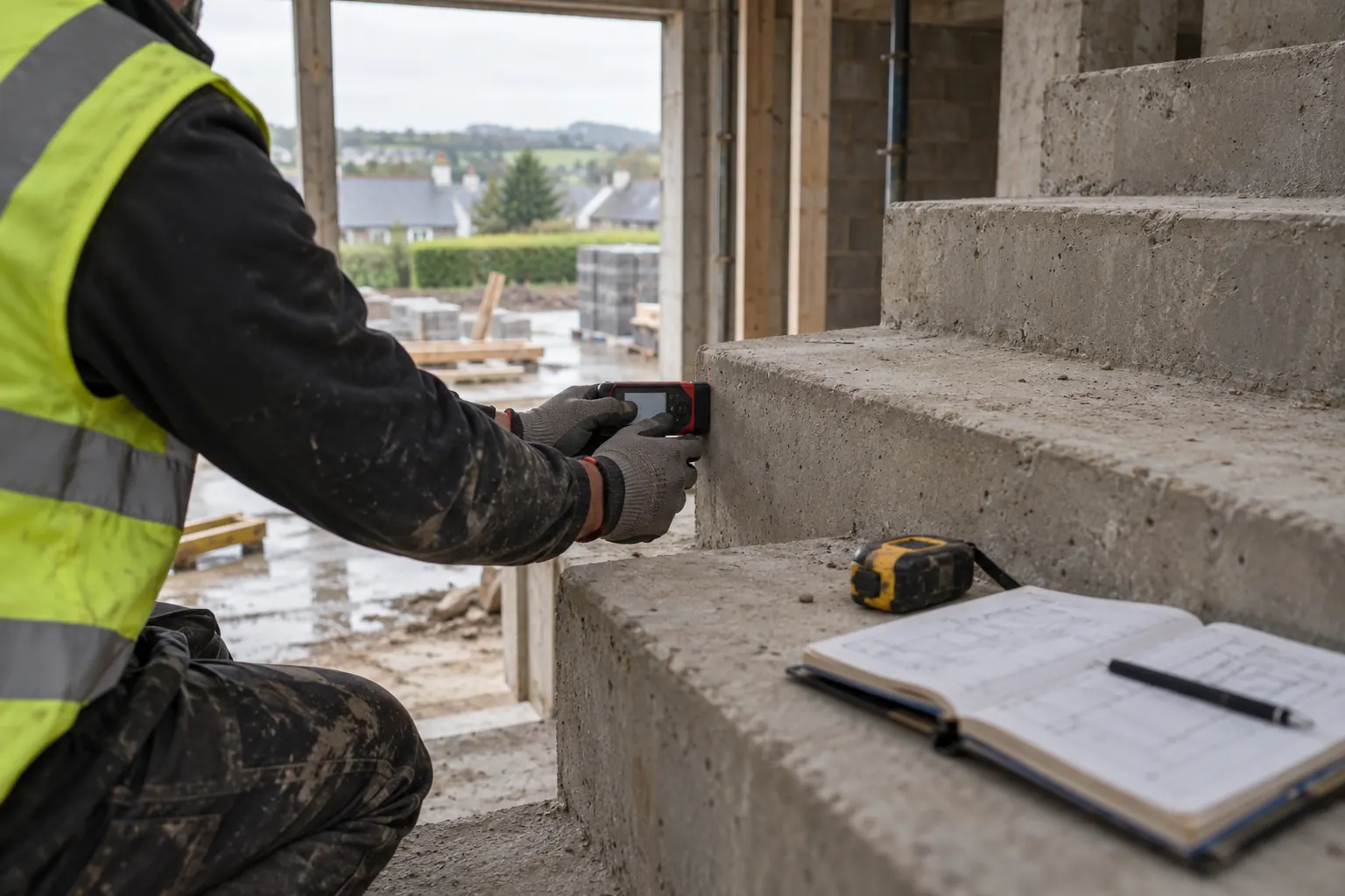 Hands measuring a concrete staircase with a laser distance meter
