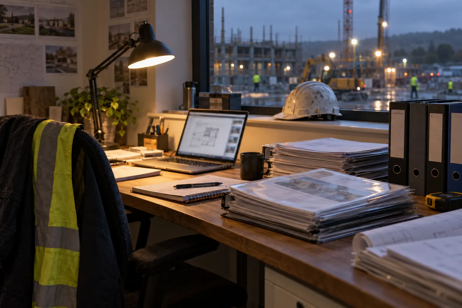 A contractor's desk prepared for a tender submission at the end of the day