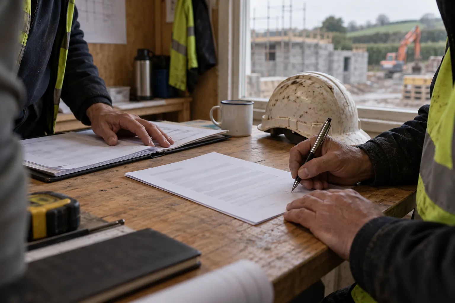 An appointment document being signed on a site cabin table